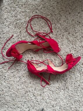 le chateau Red Lace-Up Floral Accent Heels